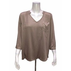 Lisa Rinna Collection Stretch Woven Open-Neck Blouse Light Mocha XX-Small Size